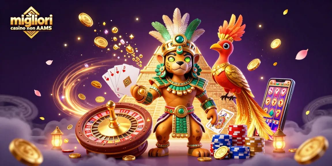 I migliori casino non AAMS presentano un'illustrazione vivace con un sacerdote giaguaro e simboli di gioco come fiches e carte.