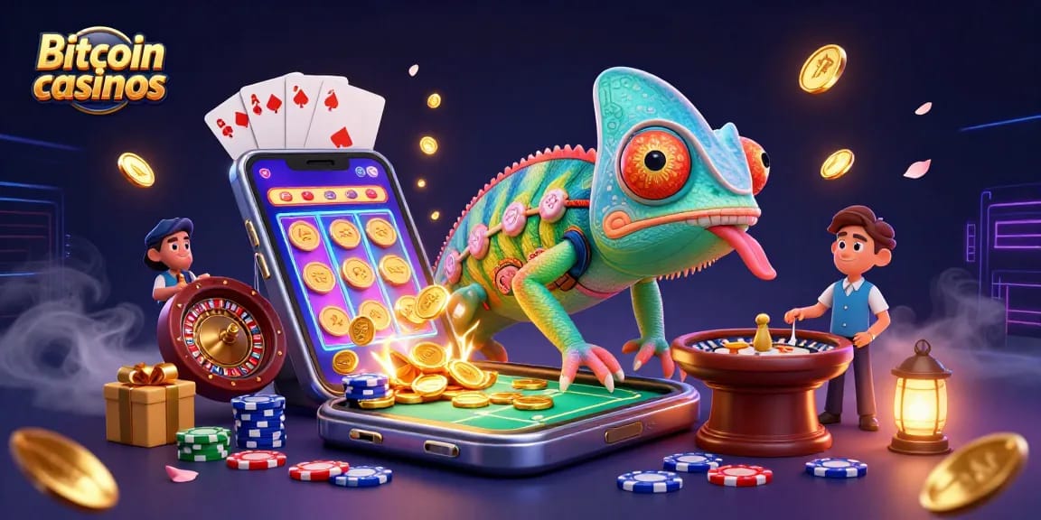 Jouer dans des casinos Bitcoin avec un caméléon coloré attirant des pièces dorées.