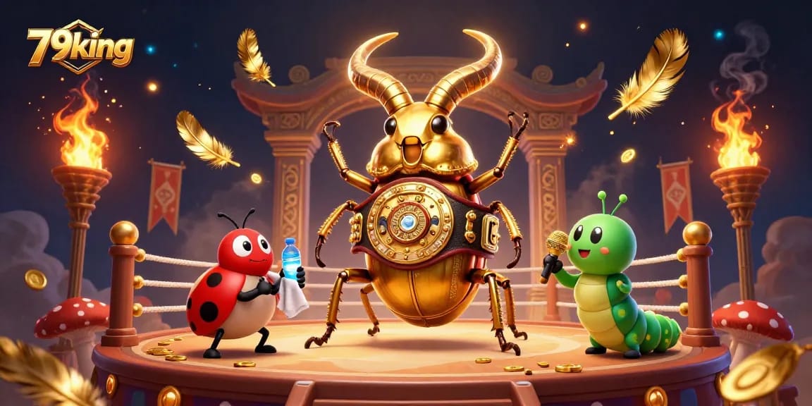 Experience exciting gameplay with 79king in a vibrant casino scene featuring a giant stag beetle champion.