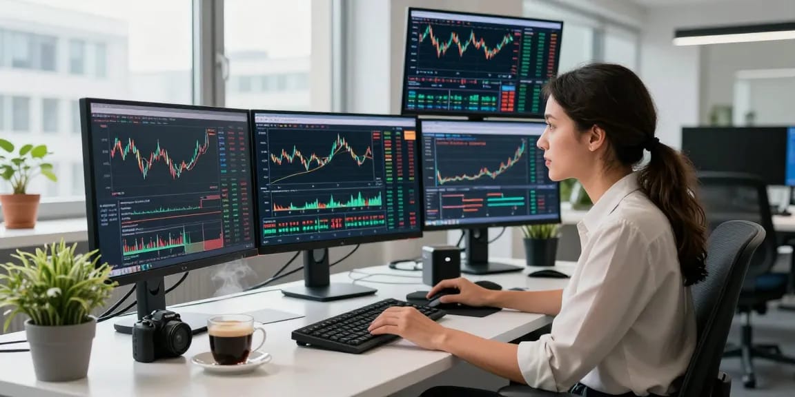 Analyzing the Frankfurt exchange data feed in a modern technology workspace with multiple screens.