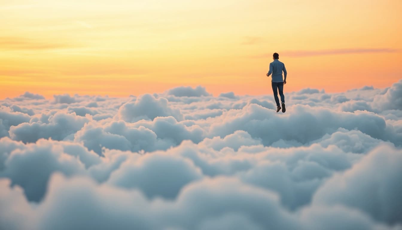Person walking on clouds in a tranquil sunset, evoking a sense of freedom and serenity.