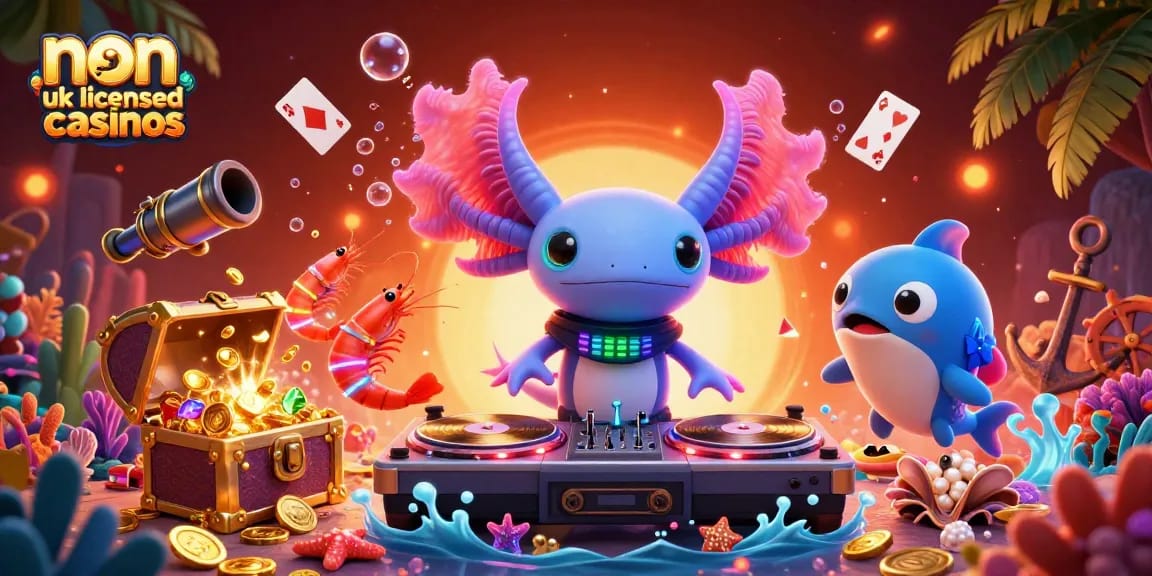 Dance with the vibrant axolotl DJ at non uk licensed casinos, spinning records and surrounded by underwater treasures.