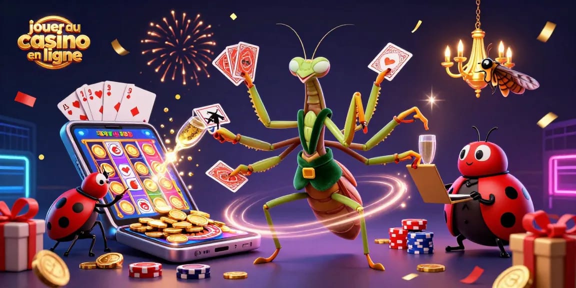 Jouer au casino en ligne avec des cartes et des jetons, illustration dynamique et festive.
