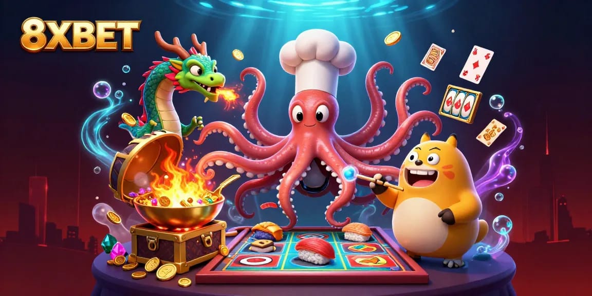 8XBET's exciting casino experience emphasized through dynamic 3D illustration featuring a cartoon octopus chef and thrilling game elements.