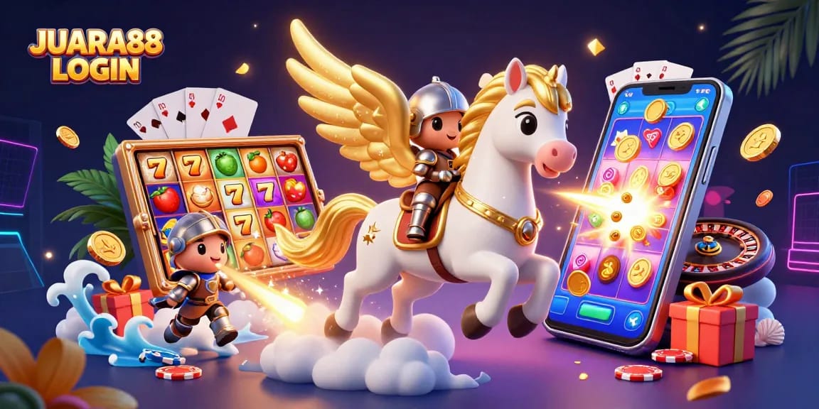 Play slots and win big with JUARA88 LOGIN in this vibrant 3D casino scene.