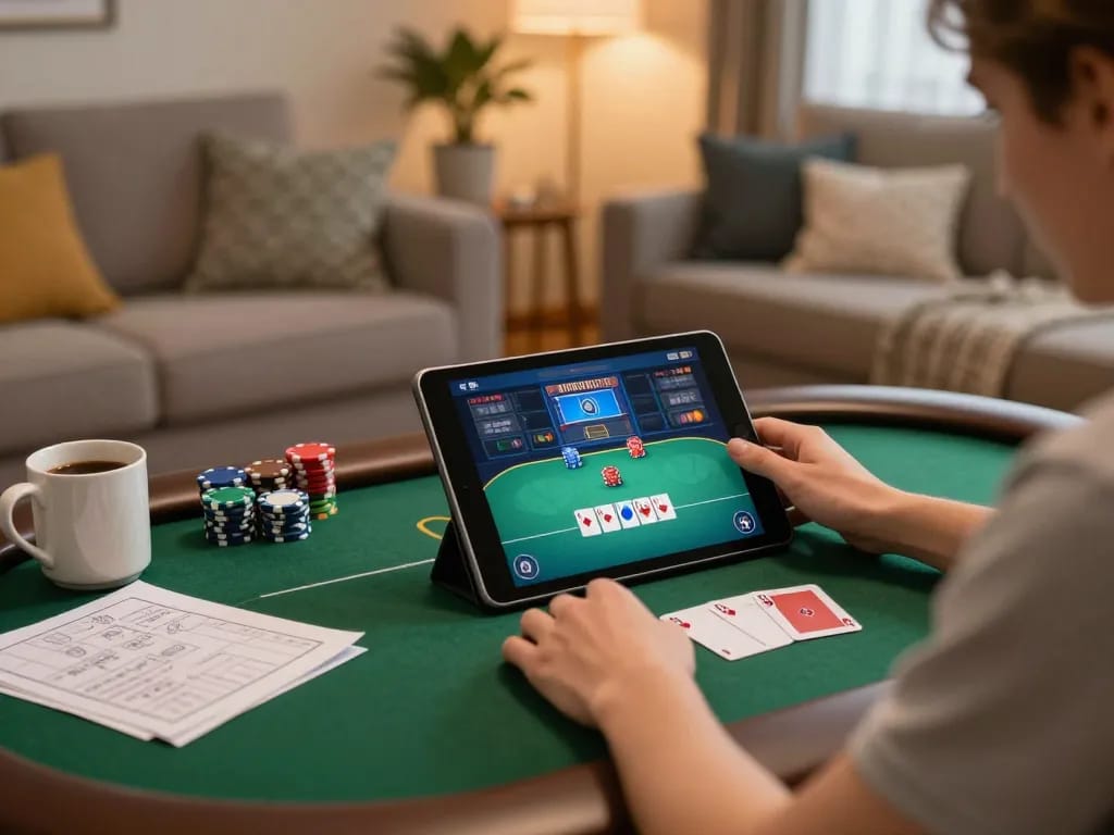 Engaging in a mobile poker game on sunwinapk from the comfort of home during an evening session.
