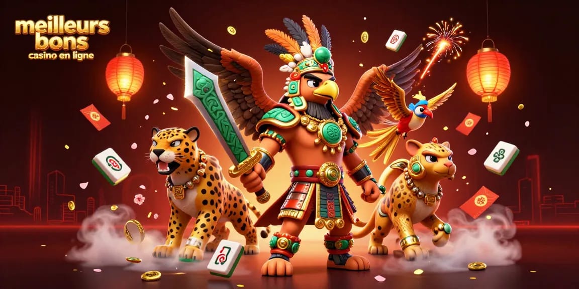 Cette illustration montre les meilleurs bonus de casino en ligne avec un guerrier azteque et des éléments de jeu variés.