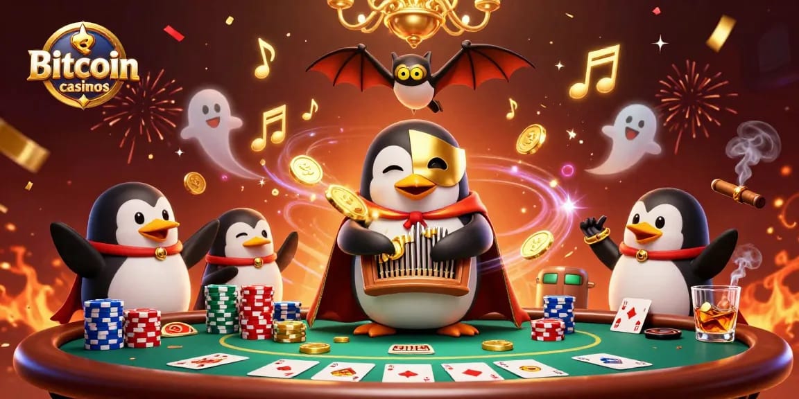 Gagnez avec les casinos Bitcoin, illustration animée d'un casino vibrant, pièces d'or et jeux de poker.