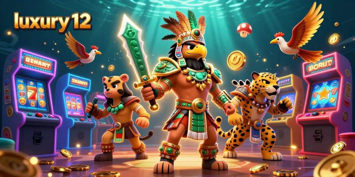 Engage with luxury 12 casino adventures in a vibrant 3D illustration featuring Aztec warriors.