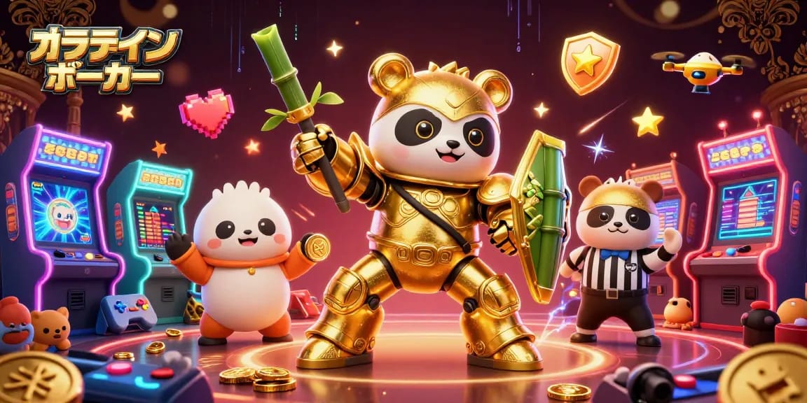 オンラインポーカーおすすめを楽しむ場面、活気あるアリーナで勝利を目指すポーカーのキャラクターたち。