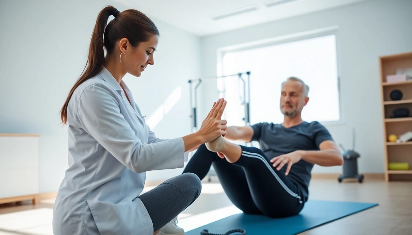 Seventeen Physio therapist guiding a patient in a rehabilitation session with focus and care.