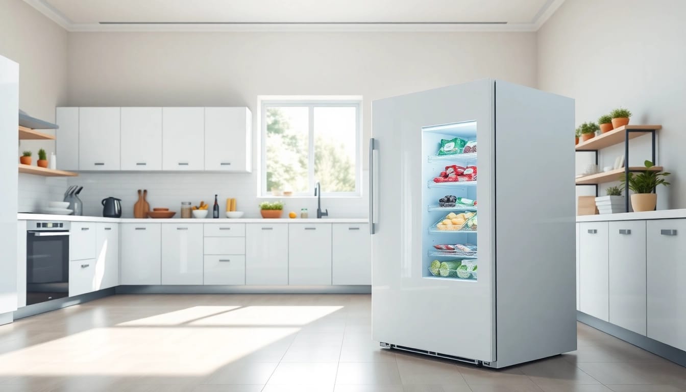Showcase of a modern freezer filled with frozen foods in a well-designed kitchen.