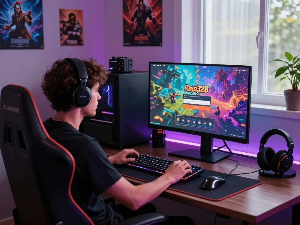 Gamer focused on raja328 login in vibrant gaming setup with dynamic lighting.