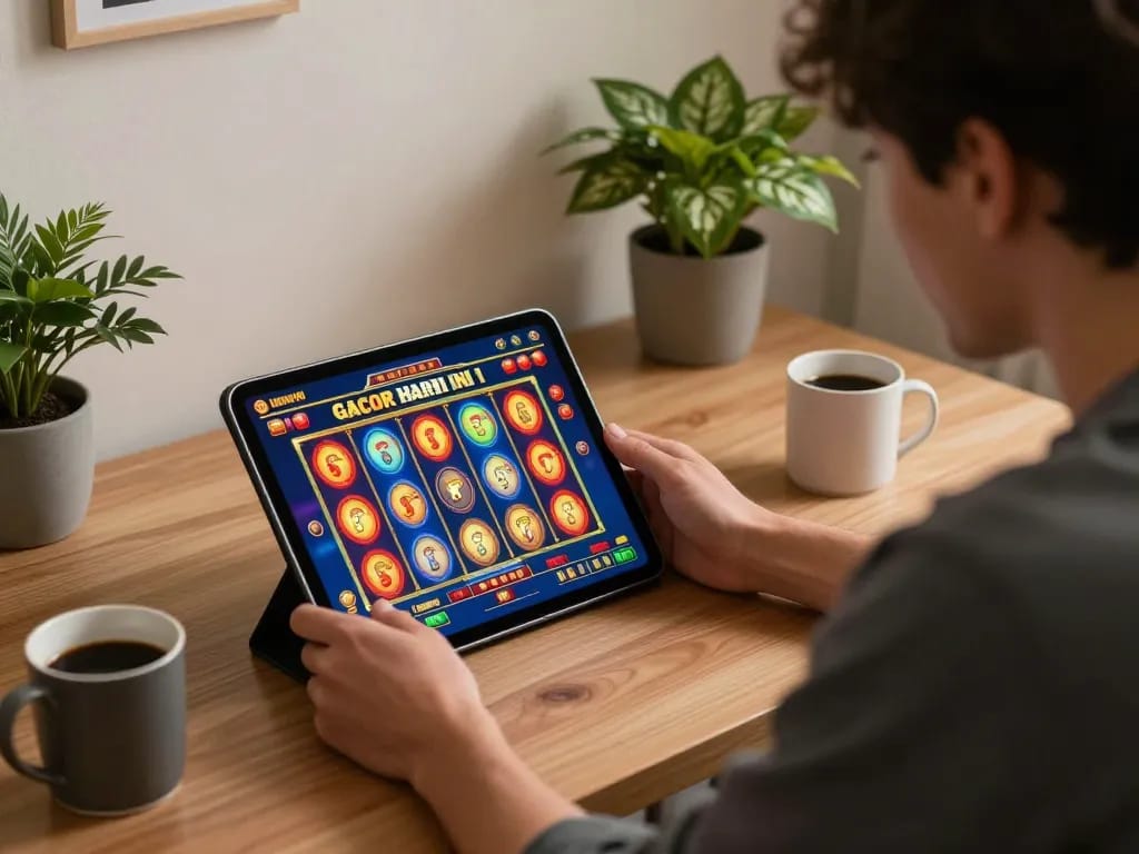 Engaging in slot gacor hari ini gameplay on a tablet at home, showcasing an immersive online casino experience.
