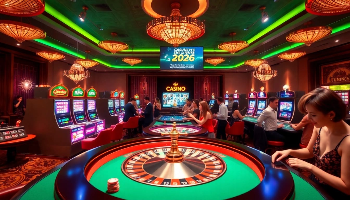 Scène passionnante de casino en ligne 2026 avec table de roulette, joueurs et machines à sous colorées.