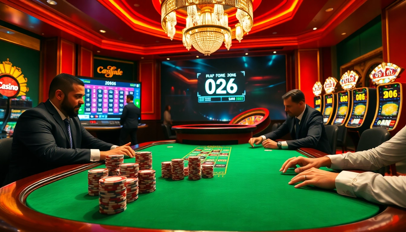 Scène de poker à enjeux élevés mettant en avant l'excitation du casino en ligne 2026 avec des jetons vibrants et une roulette.