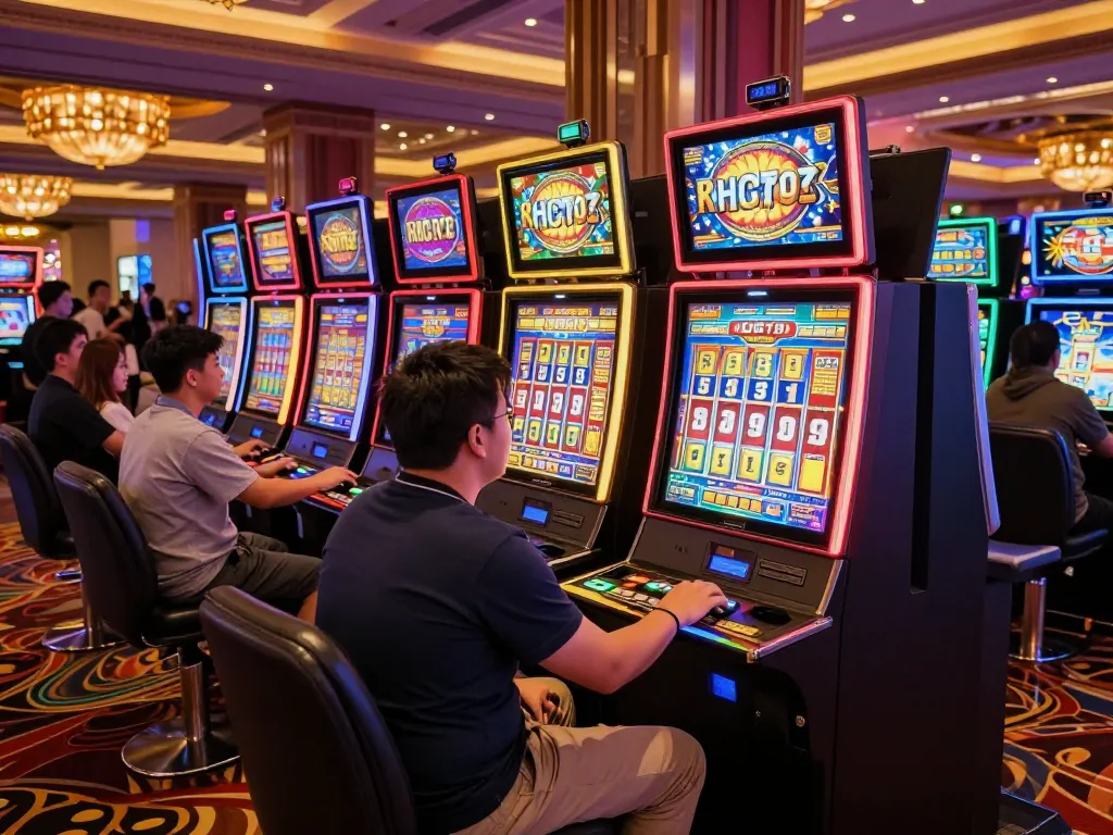 Excited players enjoying vibrant slot777 machines in a lively casino atmosphere