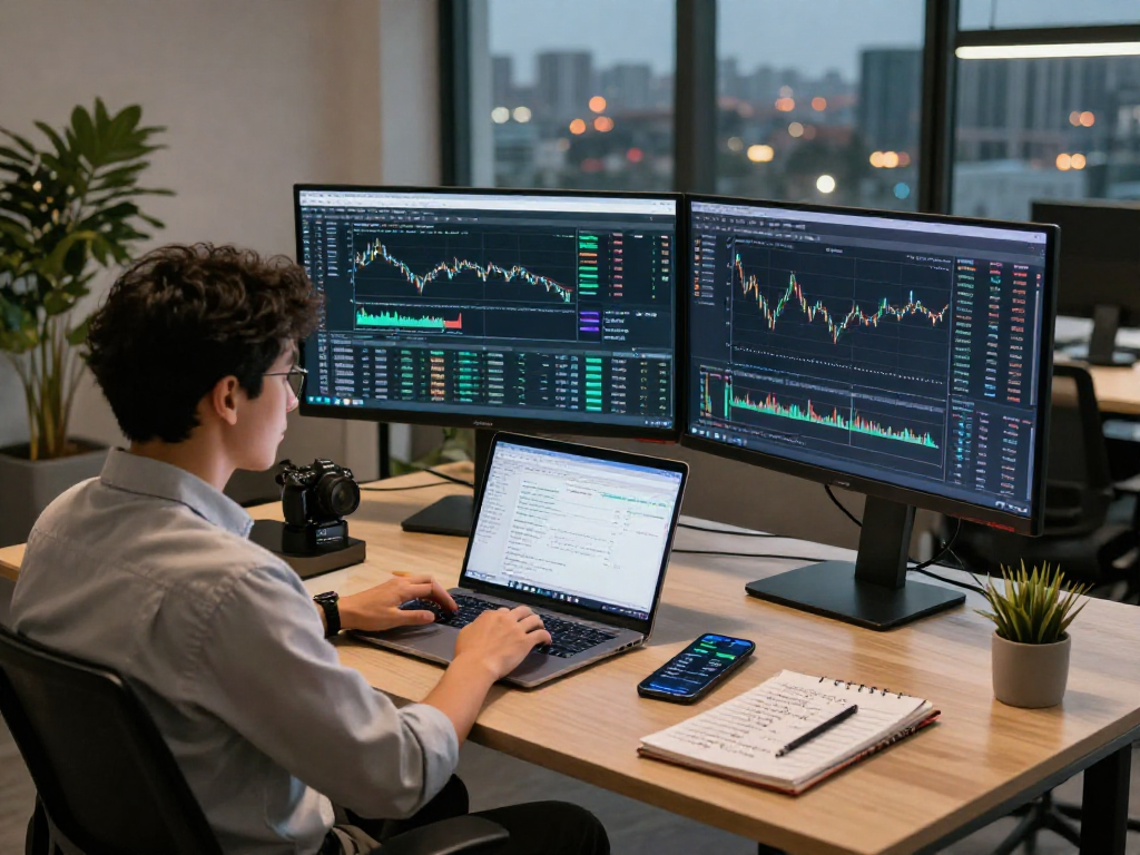 Financial analyst using TradingView in a modern office setting with real-time market data displayed on multiple screens.