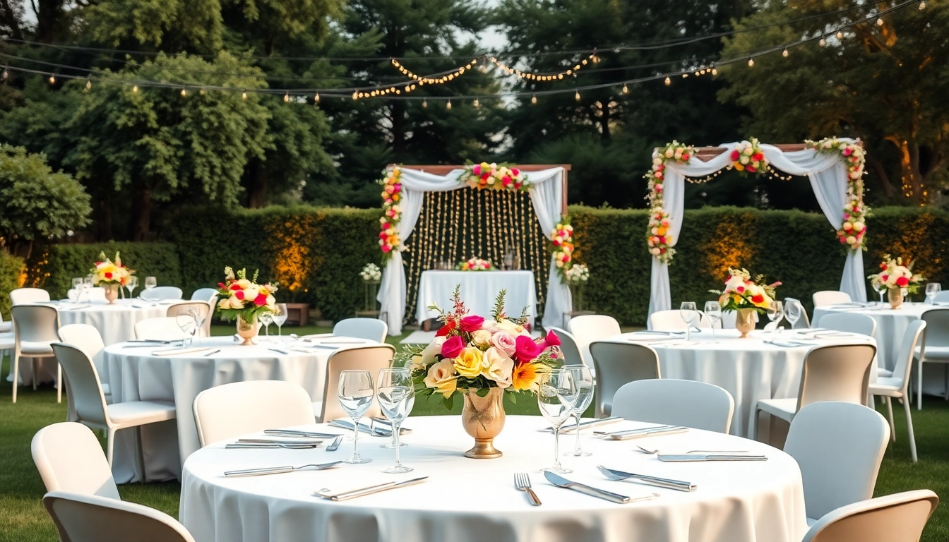 Wedding & Event Rentals setup with elegant tables and floral decorations in a beautiful outdoor setting.