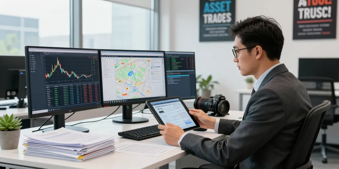 Business professional analyzing data for asset tracing in a modern office workspace.