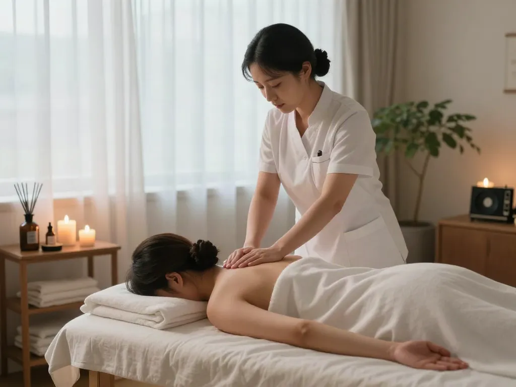Enjoying a serene 역삼동출장마사지 session by a professional masseuse in a calming home environment.