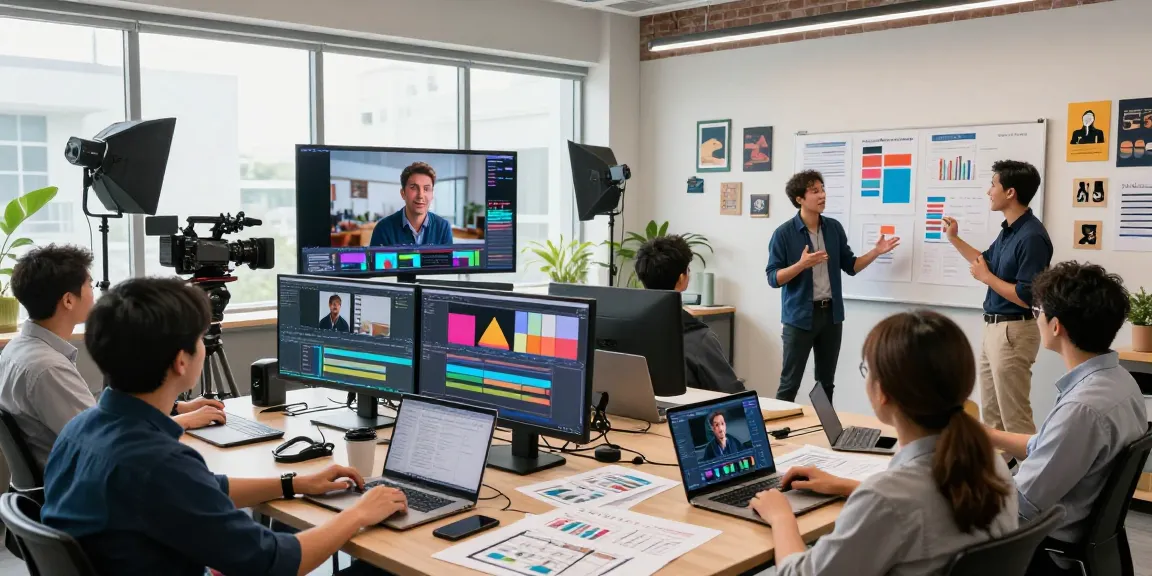 Team brainstorming for Singapore Corporate Video Production in a vibrant studio.