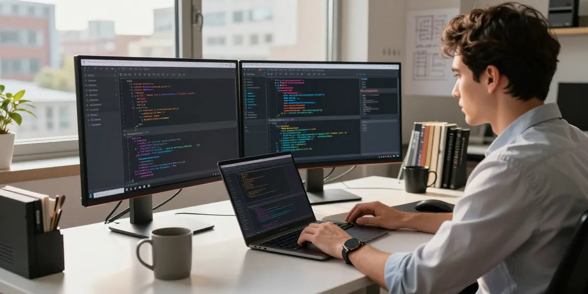 The workspace of a developer using 纸飞机中文版 on multiple screens with coding elements and a modern, inviting atmosphere.