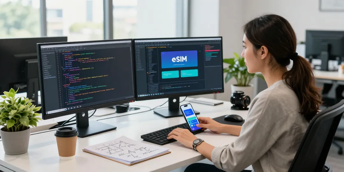 Что такое eSIM? Разработчик в современном офисе работает с приложением eSIM на экранных мониторах.