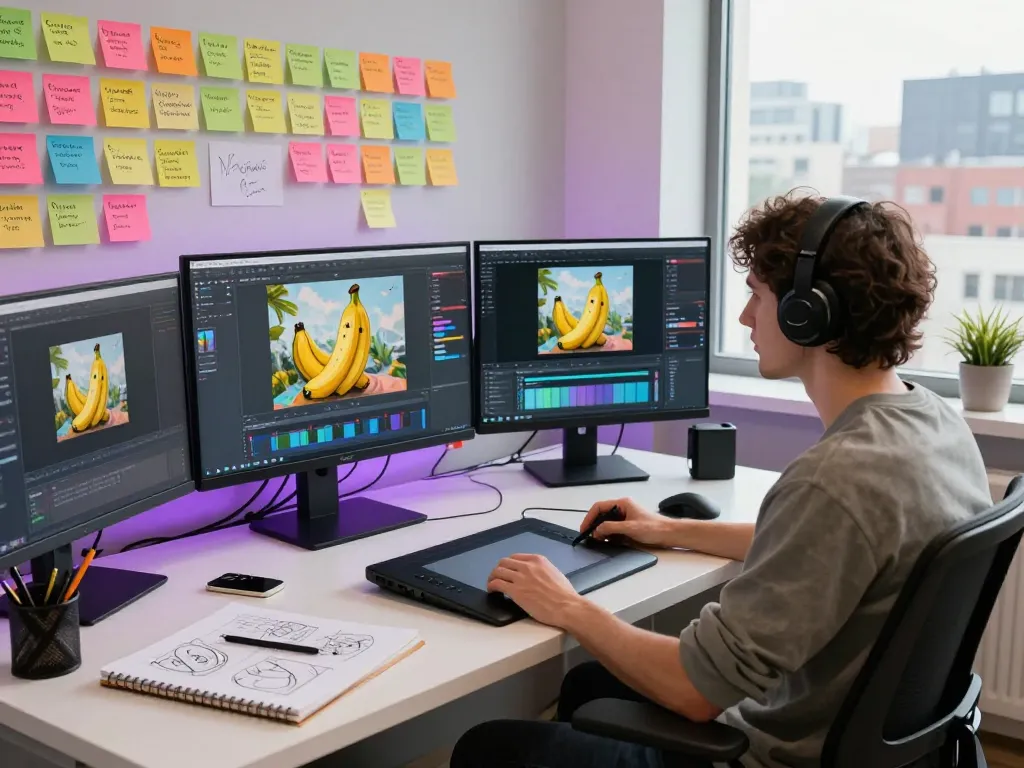 Creative workspace featuring nano banana pro in action with vibrant digital art and brainstorming notes.