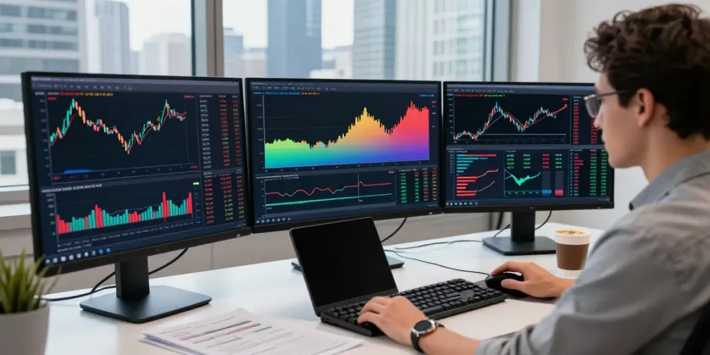 Trader using TradingView platform in modern workspace with city view