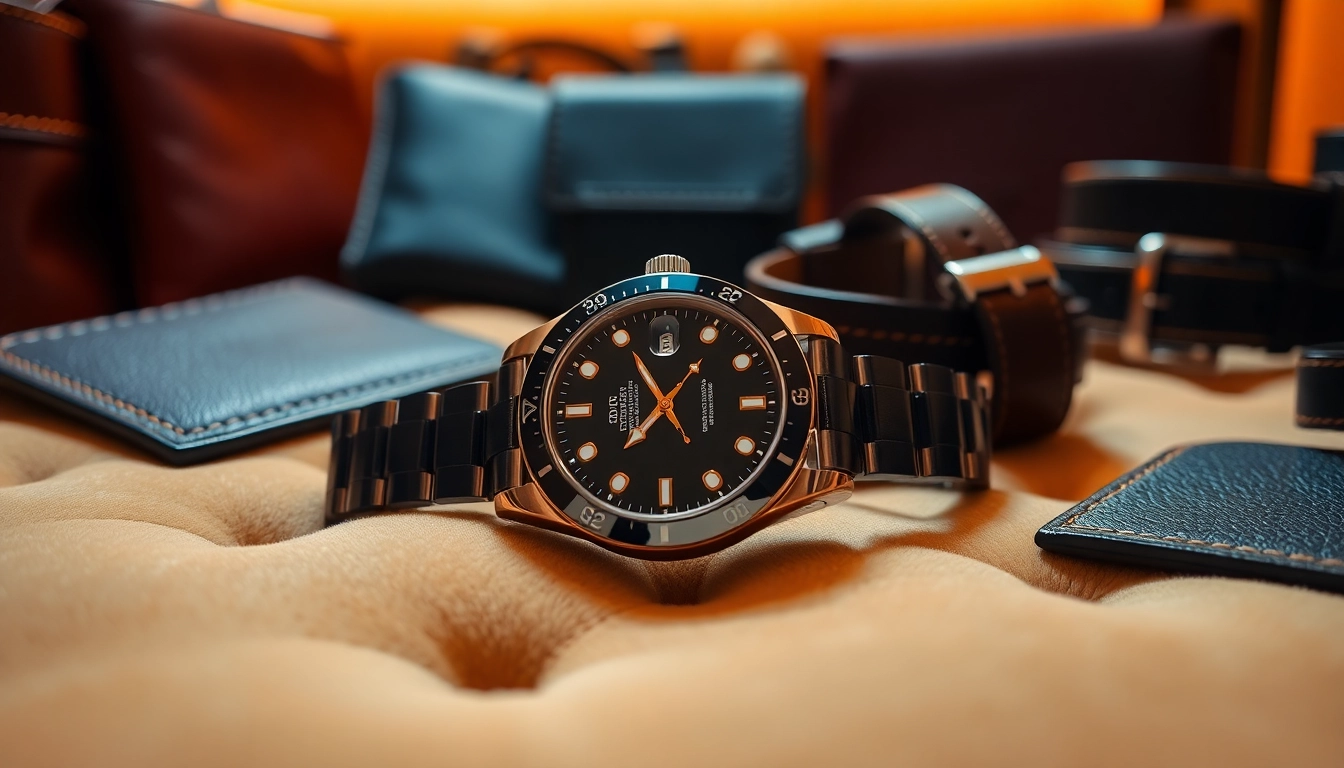 Showcasing a rolex replica amidst luxury accessories, highlighting its exquisite craftsmanship.