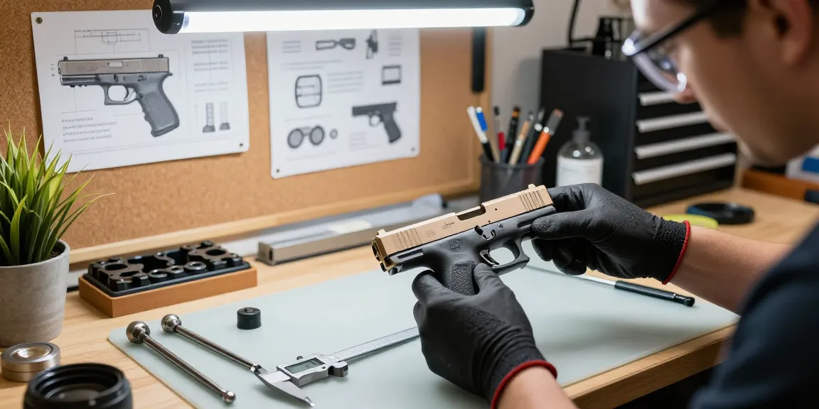 Aftermarket Glock slide installation at https://precisionglockslides.com, showcasing skilled gunsmith and precision tools in a modern workshop.