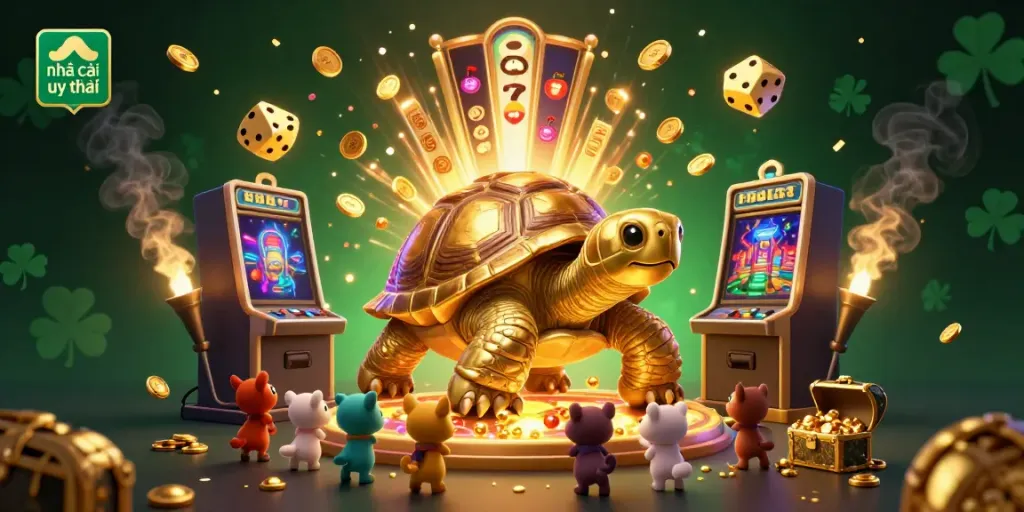 Experience the excitement of nhà cái uy tín with a dynamic scene of gaming elements and animated characters.