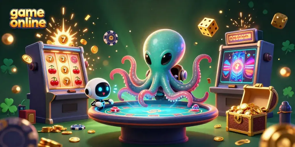 Engage in thrilling game online with a vibrant 3D casino scene featuring an alien octopus and poker elements.