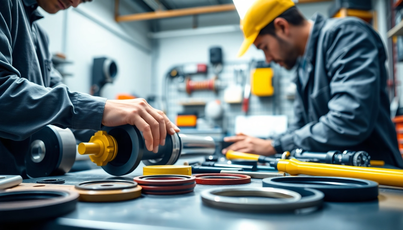 Technician performing hydraulic cylinder repair with professional tools and equipment in a workshop.