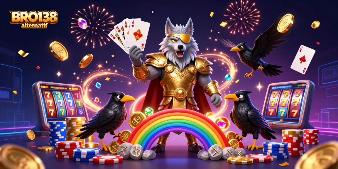 BRO138 alternatif showcases an exciting slot gaming scene with Odin and ravens, dynamic gold coins, and vibrant slot reels.