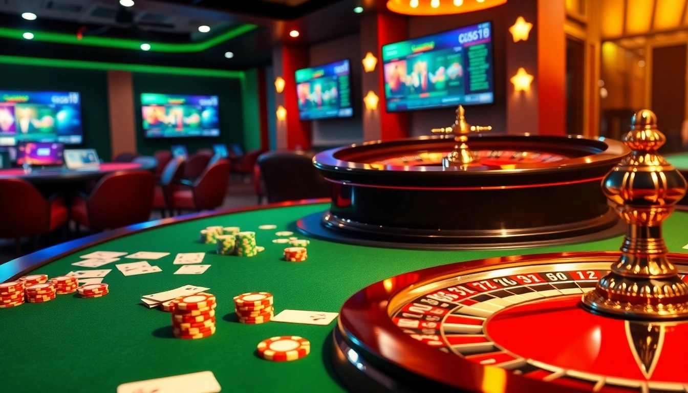 Participez à une action palpitante dans un casino en ligne 2026 avec des jetons de poker et des roues de roulette.