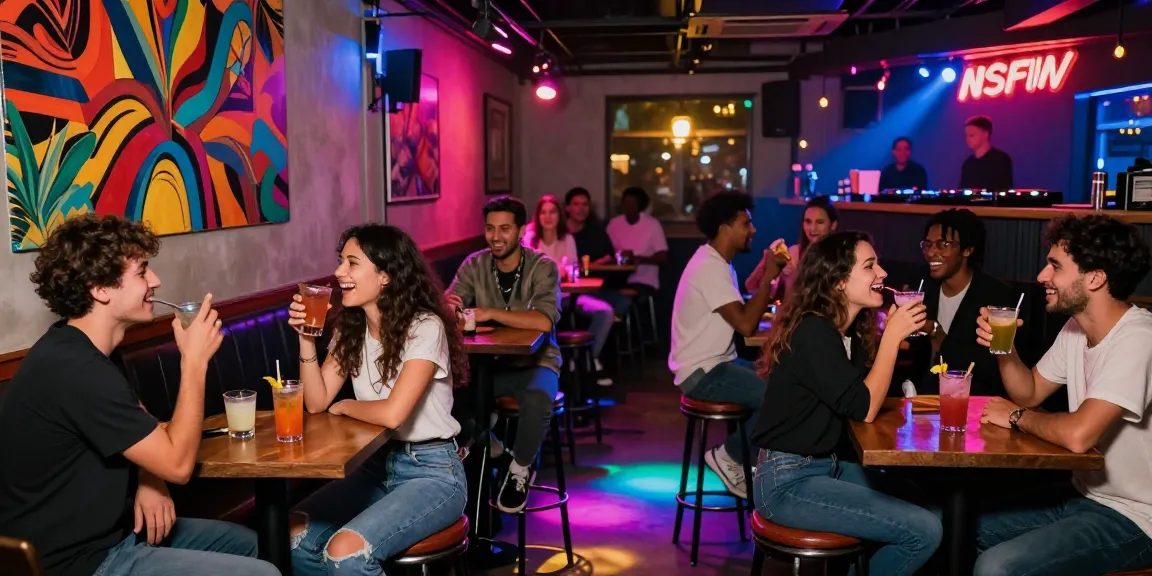 Group enjoying a vibrant bar atmosphere showcasing NSFW nightlife energy with neon lights and drinks.