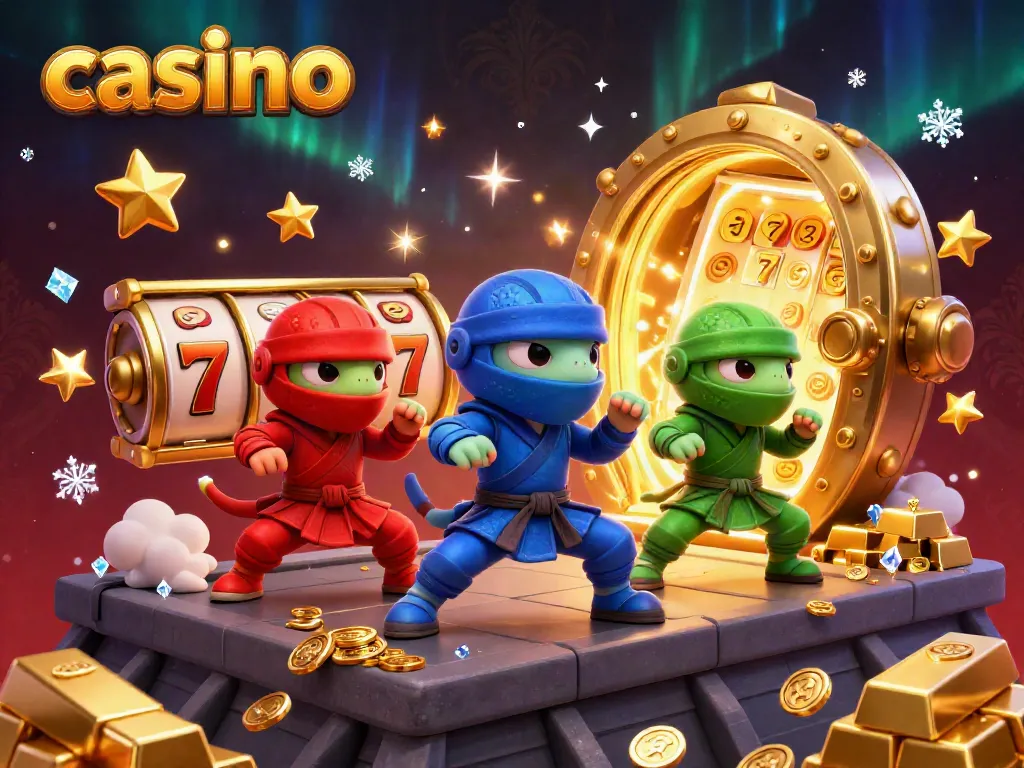 Experience thrilling casino action with vibrant chameleons, slot reels, and sparkling treasures.