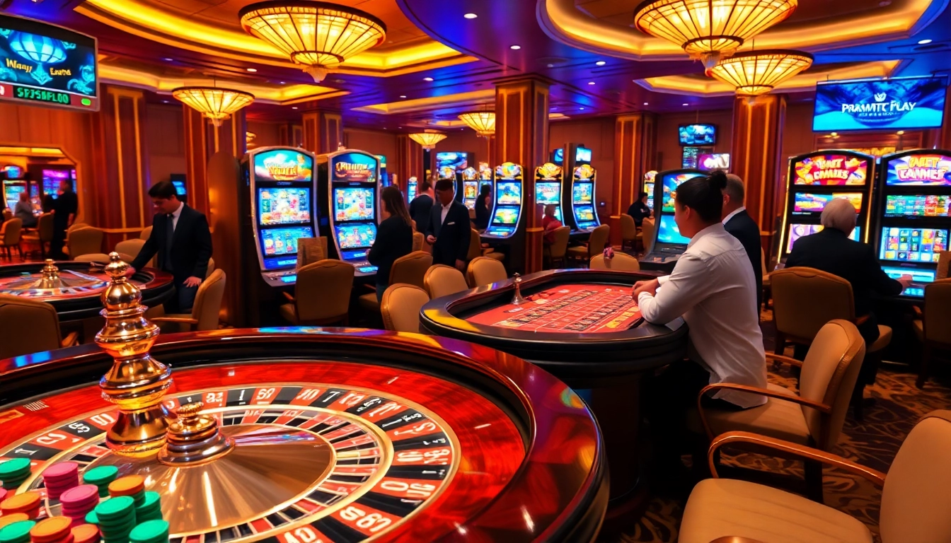 Engaged players strategizing at a high RTP Pragmatic Play slot machine in a luxurious casino.