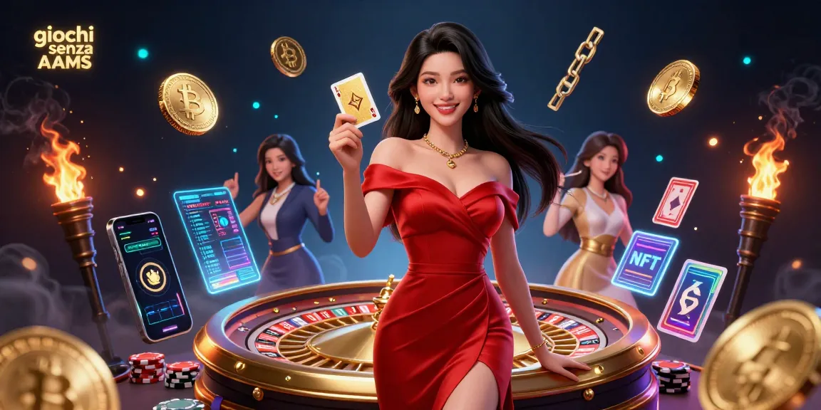 Giocare a giochi senza AAMS mostra un'atmosfera vibrante da casinò con roulette, carte e criptovalute.