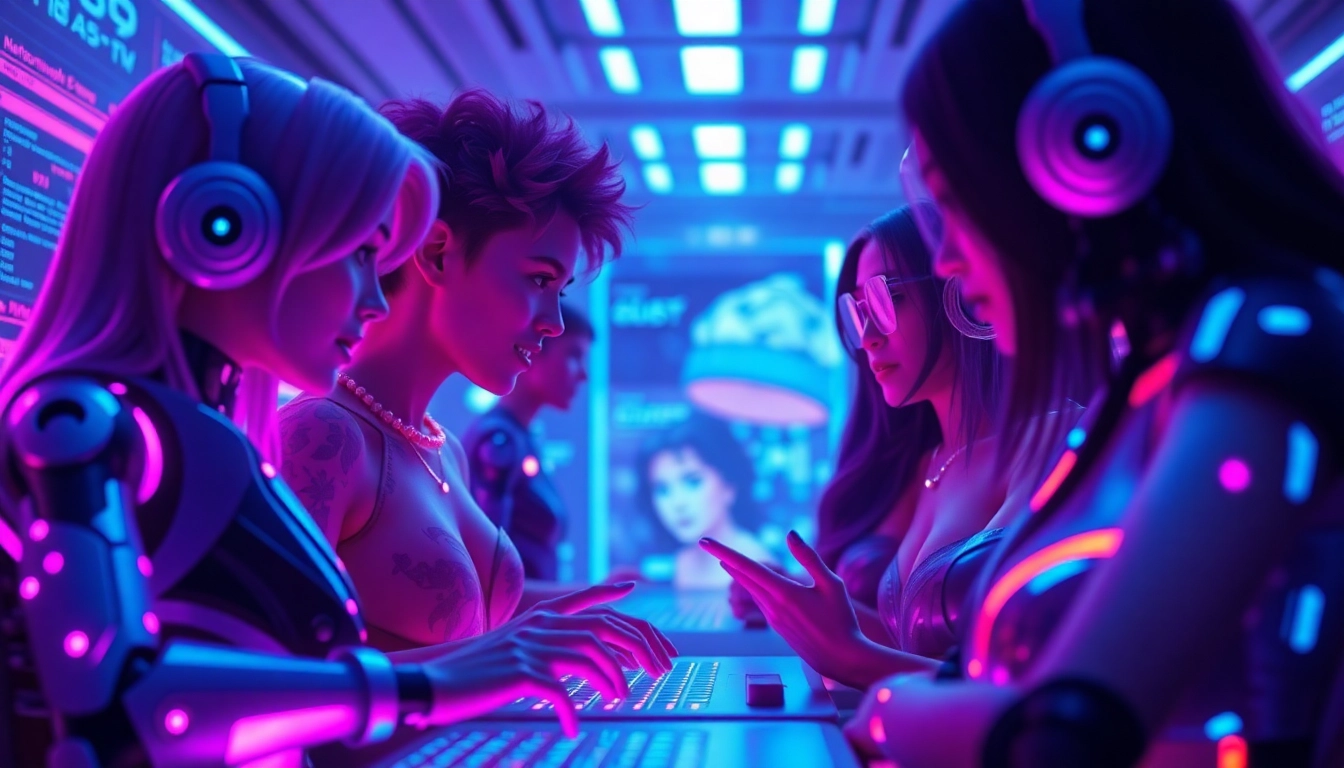 Engaging scene showcasing nsfw ai chat interactions with futuristic characters in a vibrant digital setting.