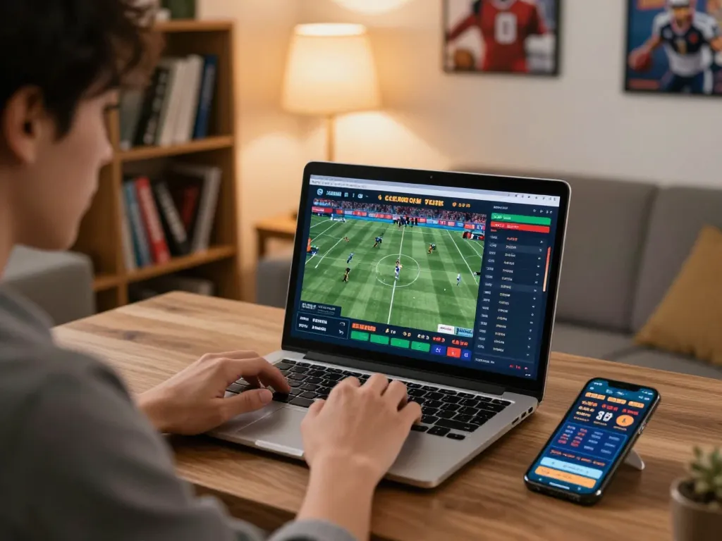 Engaged player exploring online casinos in Canada reddit on laptop while analyzing sports betting odds and strategies.