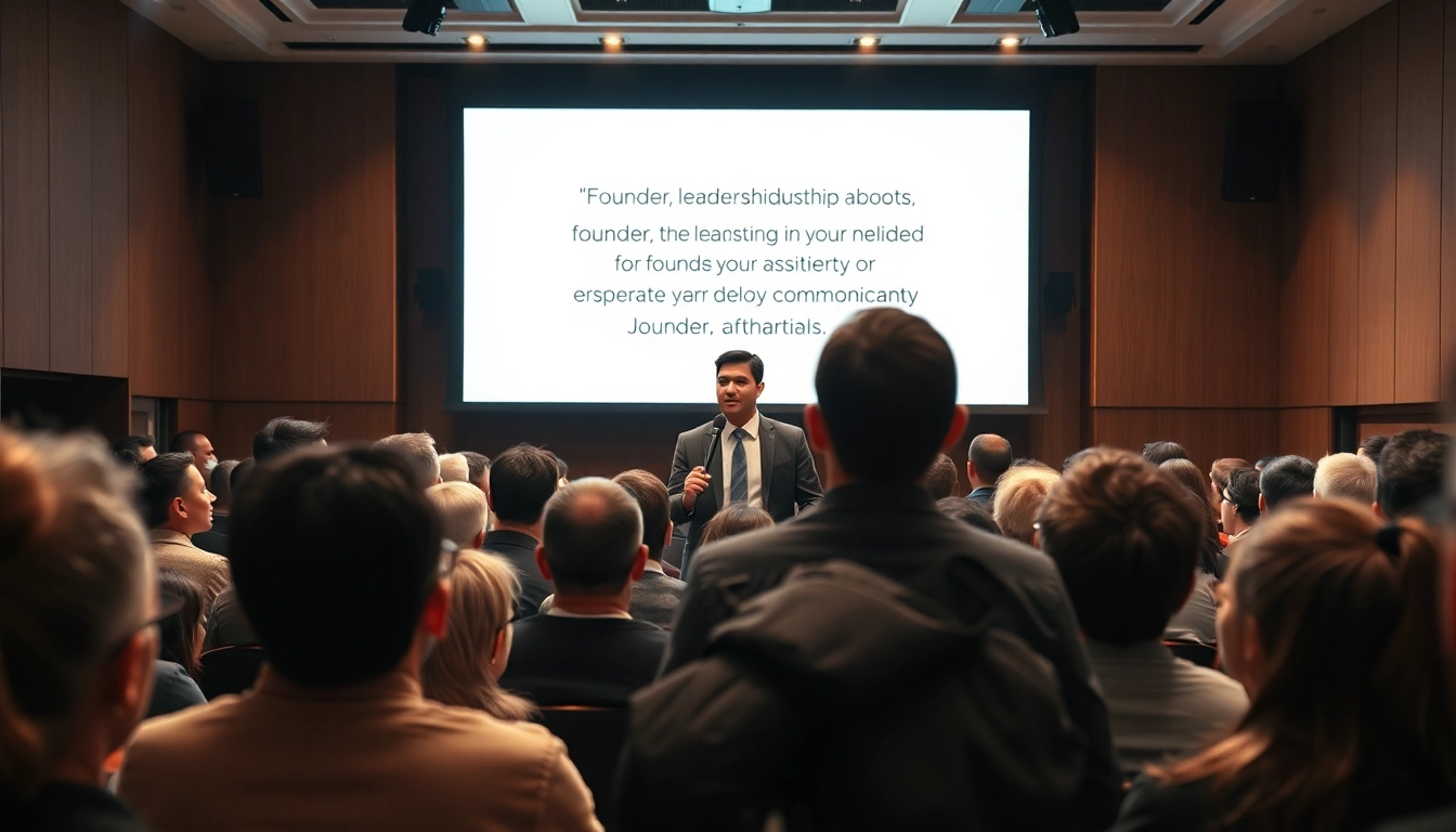 Showcasing founder leadership insights during a conference presentation with engaging audience interaction.