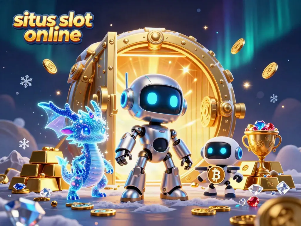 Bermain di situs slot online dengan teknologi modern dan simbol kemenangan seperti jackpot, koin emas, dan permata berkilauan.
