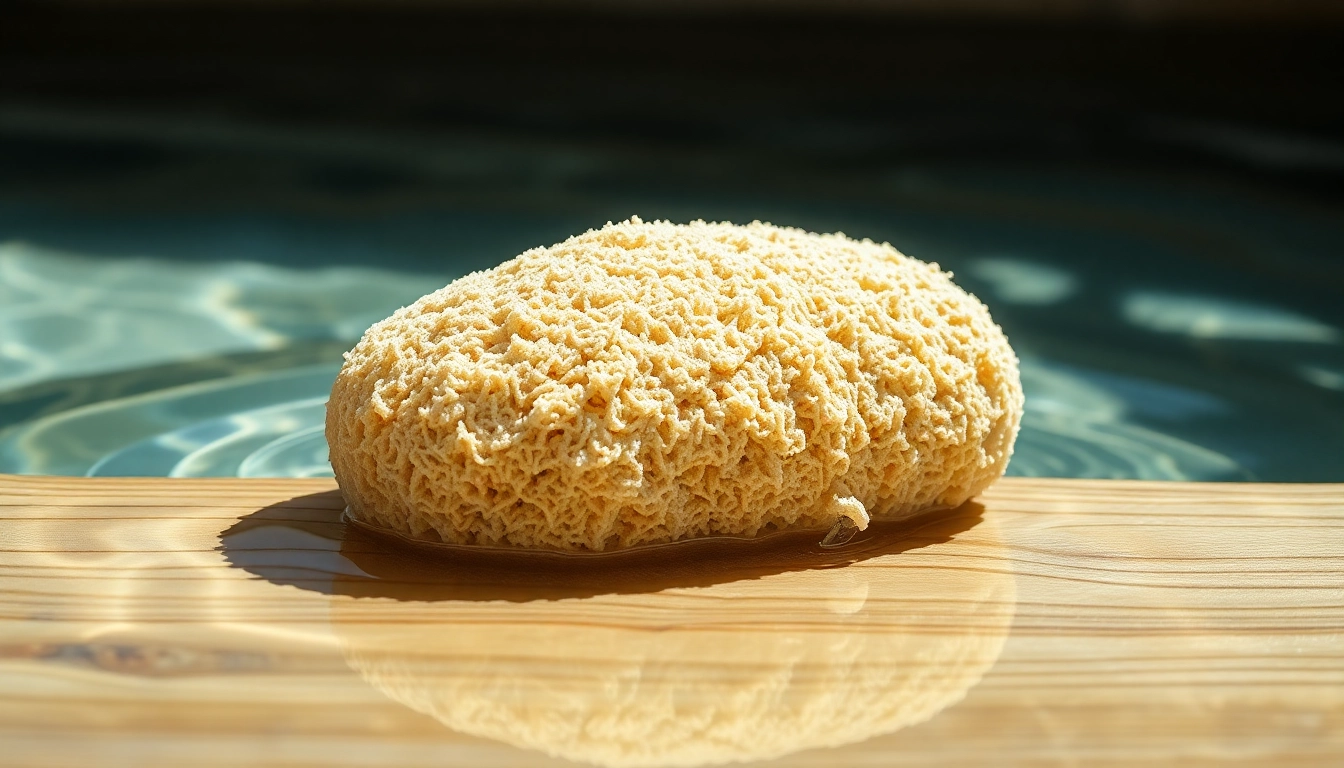Raw loofah sponge highlighted by natural lighting in a serene setting.