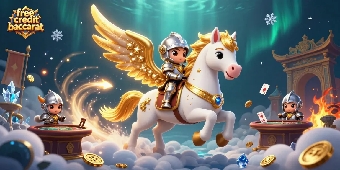 Play free credit baccarat with a celestial knight on a stellar horse amidst dynamic gaming elements.