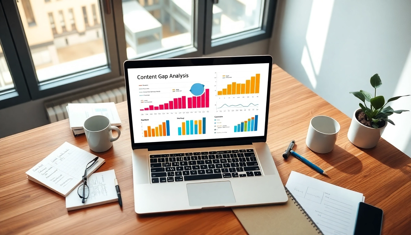 Conducting Content Gap Analysis in a vibrant digital marketing workspace with charts and graphs.