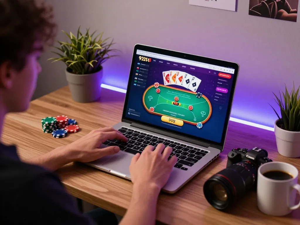 Engaging with 92slot online gambling platform on a modern laptop setup