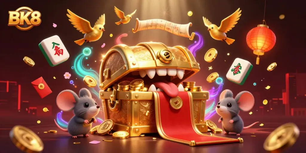 Engaging BK8 online casino scene with adventurer mice and a treasure chest full of riches.